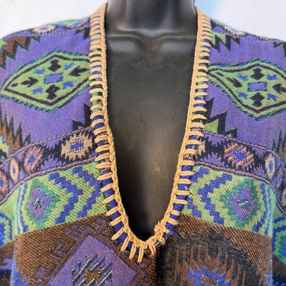 Southwestern Festival Boho Purple Green Open Poncho Shawl Fringe Trim One Size - Picture 4 of 7